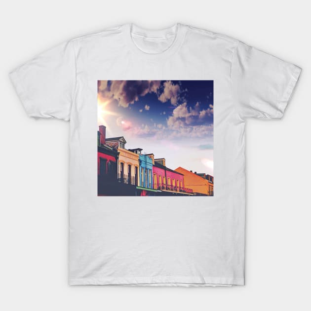 Sunny Cloudy Skies and Iconic Colorful Rainbow New Orleans French Quarter Nola Homes Yellow Light Blue Pink Orange Architecture Minimal Cityscape in Southern Louisiana T-Shirt by Little Shop of Nola